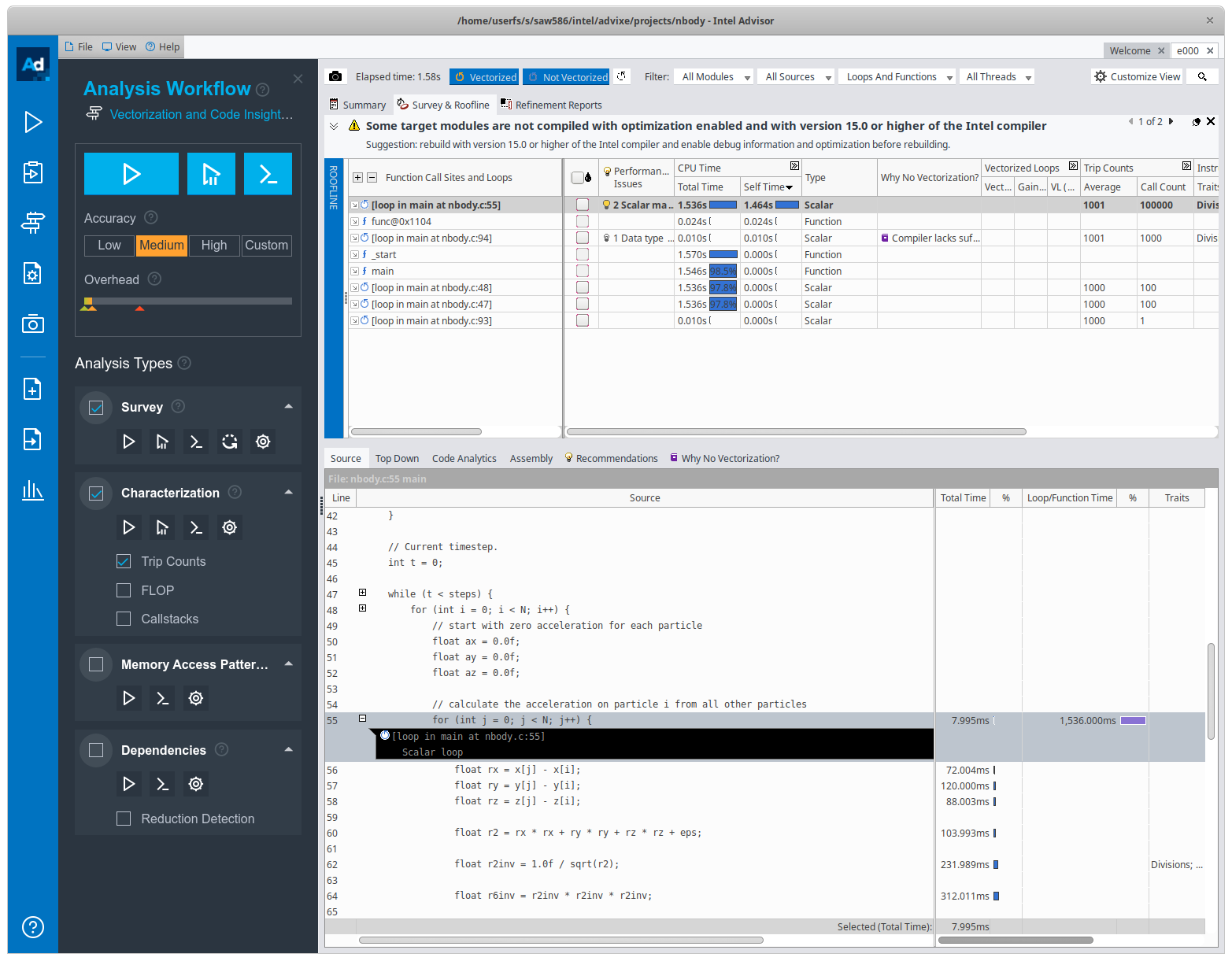 Intel Advisor Opening Screen